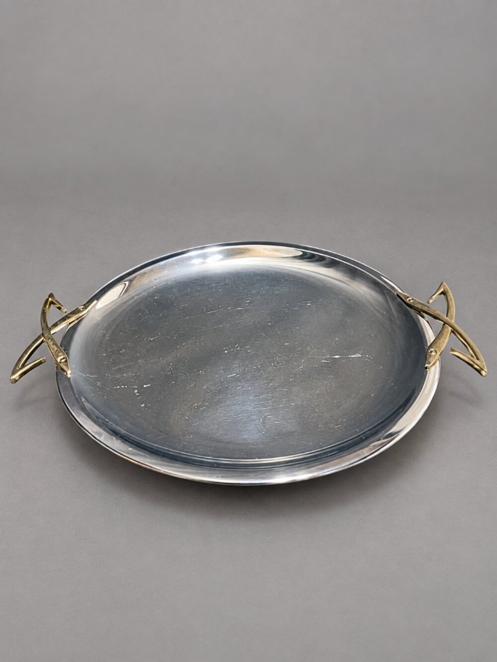 Vintage Kromex MCM Chrome Serving Tray Brass Tone Handles Original Sticker 15.5"